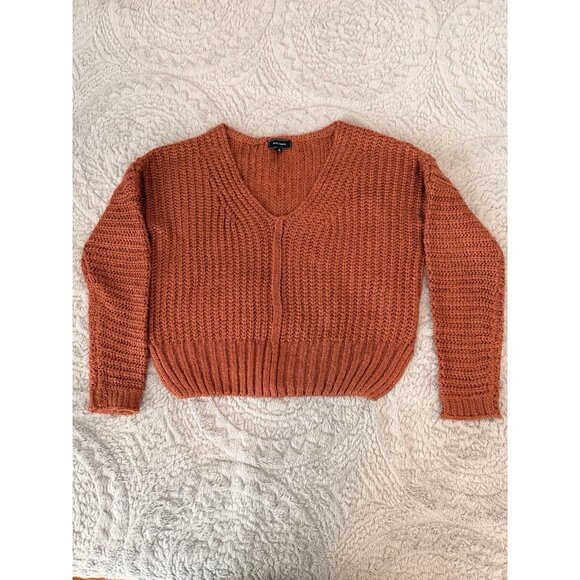 Rust Chunky Knit V-Neck Sweater Medium Cropped Long Sleeve Fall Cozy Boho - Picture 2 of 8